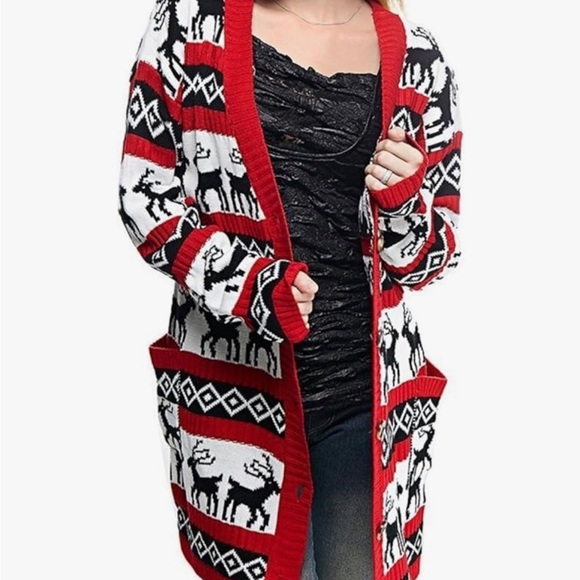 v28 Womens Christmas Reindeer Pocket Cardigan Sweater Size Medium - Picture 1 of 8